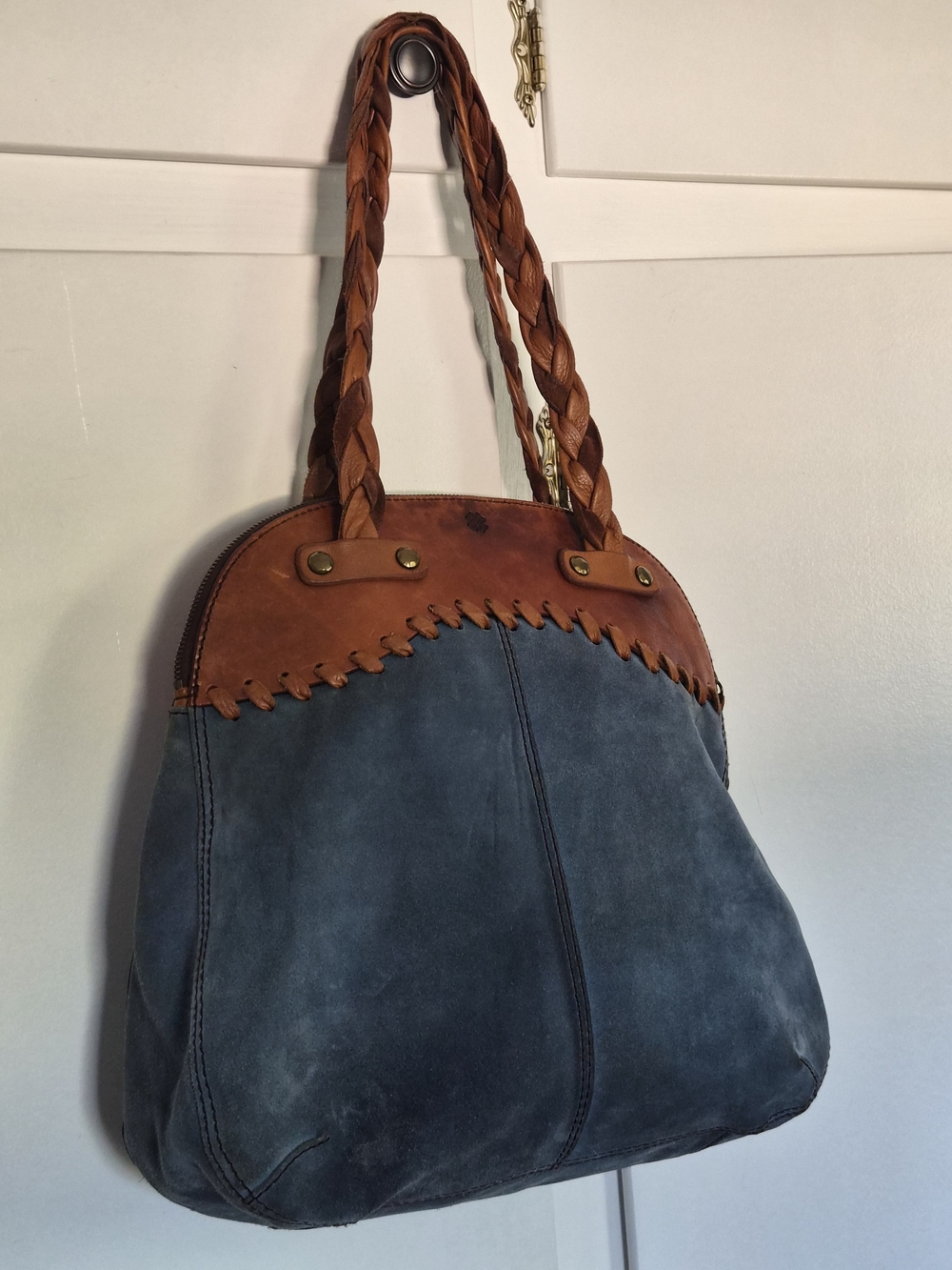 Lucky Brand Two-Tone Braided Handle Suede Shoulder Bag - Blue & Brown
